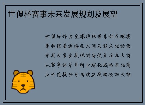 世俱杯赛事未来发展规划及展望