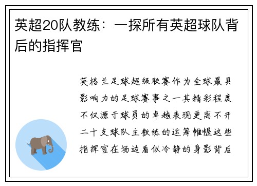 英超20队教练：一探所有英超球队背后的指挥官