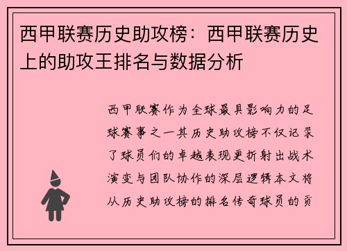 西甲联赛历史助攻榜：西甲联赛历史上的助攻王排名与数据分析