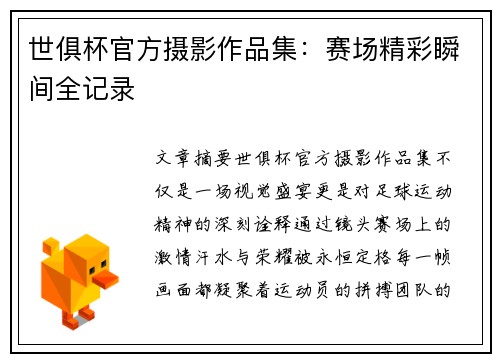 世俱杯官方摄影作品集：赛场精彩瞬间全记录