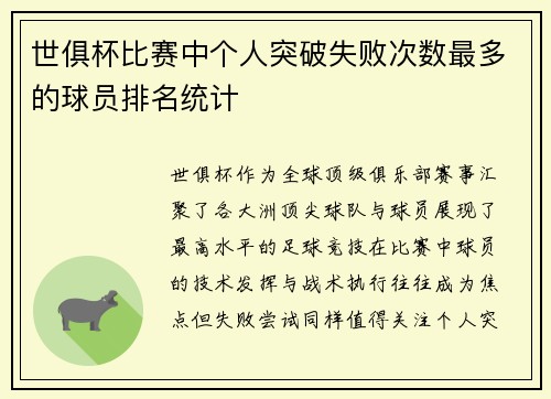 世俱杯比赛中个人突破失败次数最多的球员排名统计